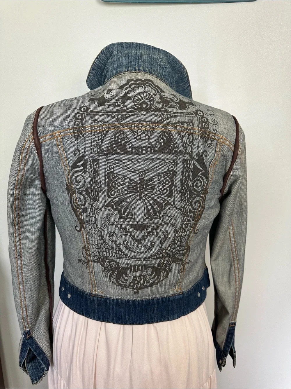 CAbi Reversible Denim Jean Jacket with printed Back Panel